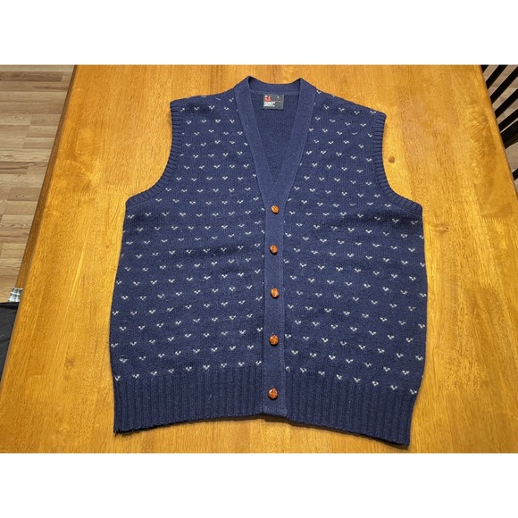Vintage Robert Bruce Wool Sweater Vest Mens Large Navy Blue‎ 5 Button Front - Picture 1 of 11